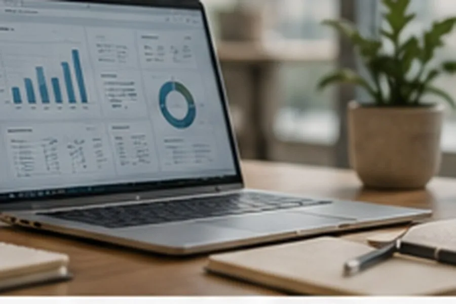 Notebook con gráficos de indicadores junto a notas estratégicas y café